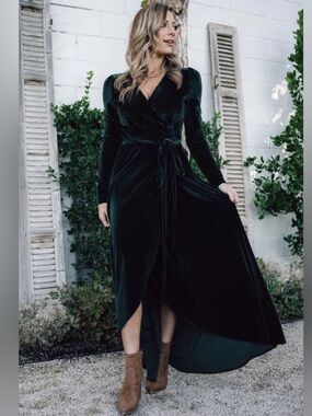 Baltic born dark green jada ribbed velvet wrap maxi dress womens L long sleeve